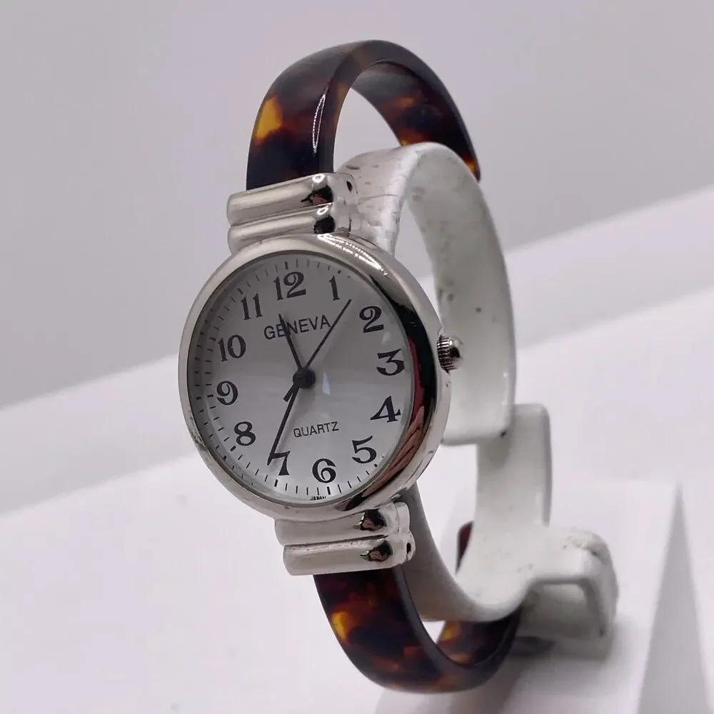 Geneva Womens Tortoise Shell Cuffd Bangle Watch New Battery